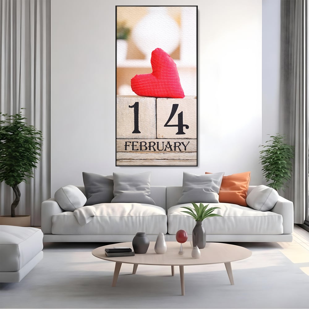 Tablou canvas cu tablou canvas cu data de paisprezece februarie, in rama de aluminiu negru, pe perete intr-un living
